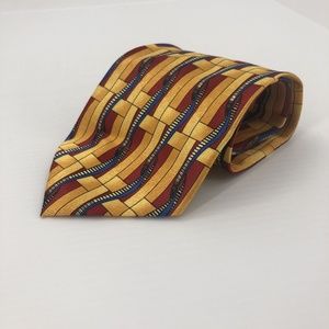 Ranson Paris Mens Gold Blue Red Necktie Tie Geometric Wave Handmade Polyester